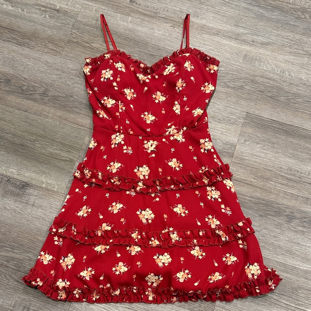 Blue Rain Red Floral Dress with Ruffles